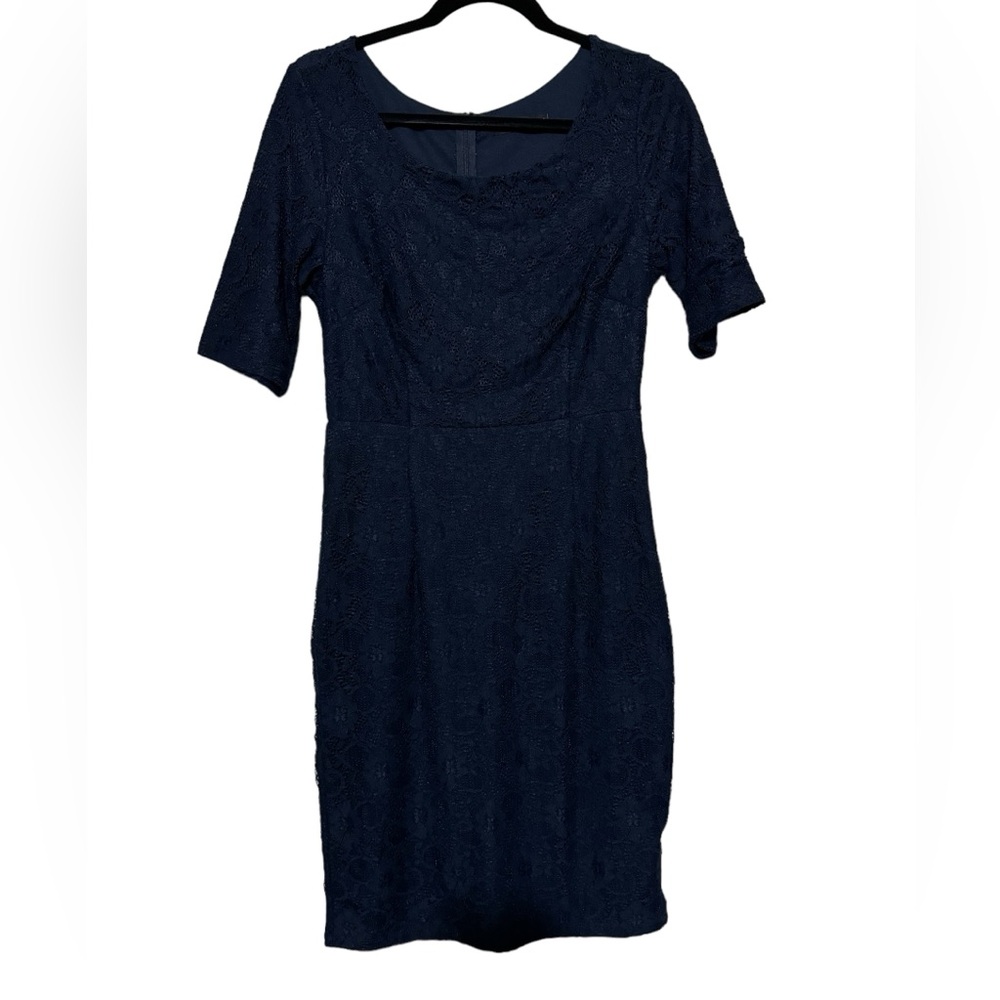 Long Modest Navy Blue Floral Lace Pencil Dress Women’s Size Medium - Picture 2 of 5